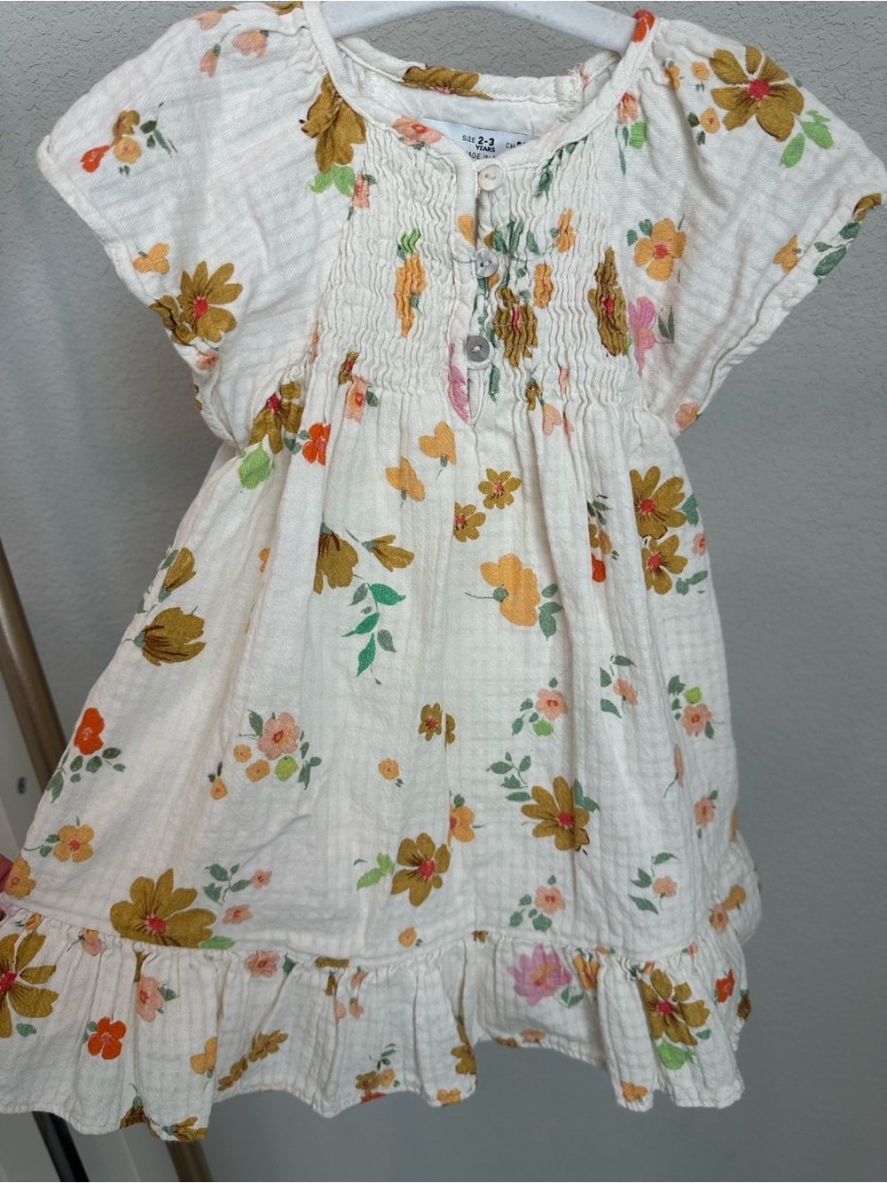 Zara White Floral Smocked Dress with Yellow & Pink Accents
